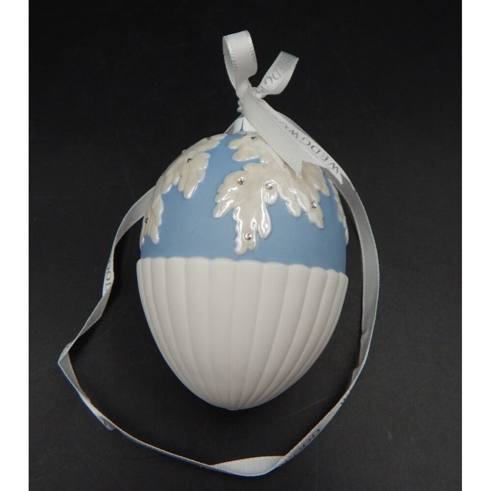 Wedgwood Blue Jasperware Christmas Leaf Acorn Ornament Boxed Rhinestones